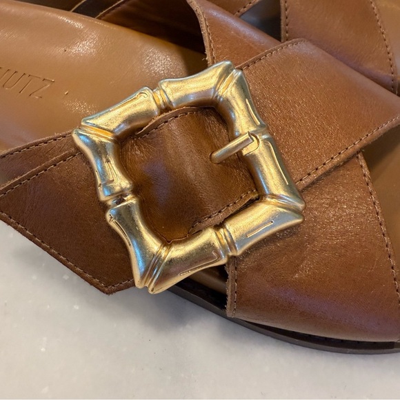 SCHUTZ Enola Crisscross Buckle CAMEL Leather Sandals Slides Women's 7 NEW! - Picture 5 of 10